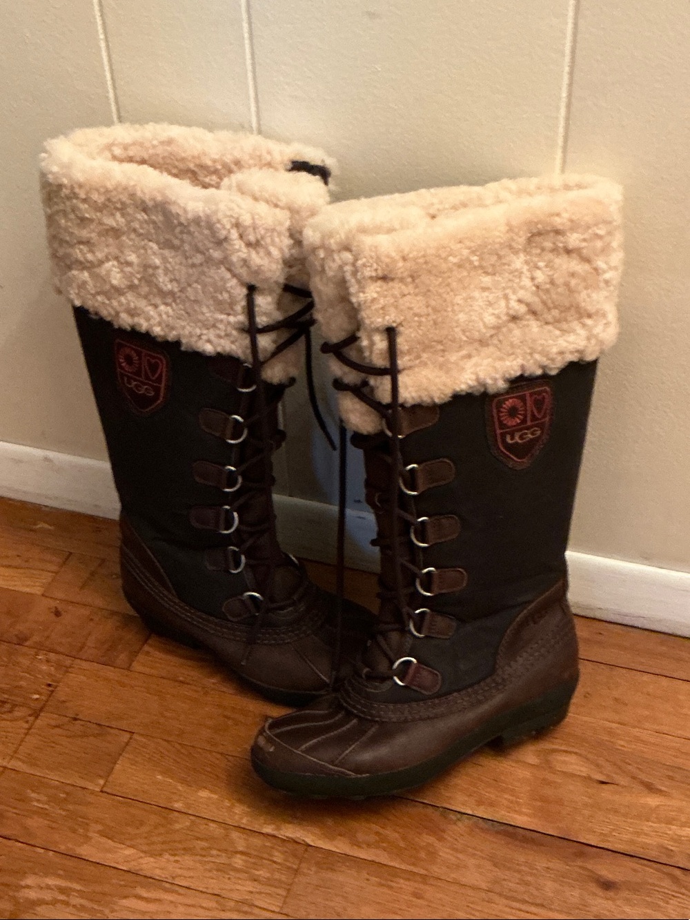 UGG Brown and Cream Tall Lace-Up Shearling Winter Boots